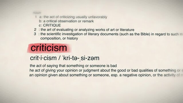 The Word Criticism Red Highlighted in a Dictionary Animation