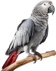 African grey parrot sitting on a branch isolated on white background as transparent PNG, generative AI animal © Flowal93
