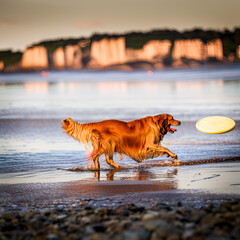 Dog running at the sea with a frisbee. Generative AI