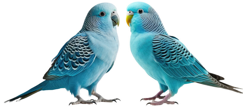 Bundle of two blue parakeets isolated on white background as transparent PNG, generative AI animal
