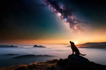 Fototapeta premium wolf sitting on a rock and howling, beautiful wallpapers, textures and backgrounds - Generative AI
