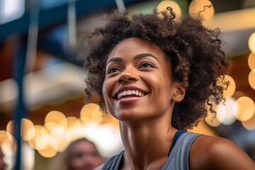 Close-up portrait photography of a joyful girl in her 30s working out against a bustling marketplace background. With generative AI technology