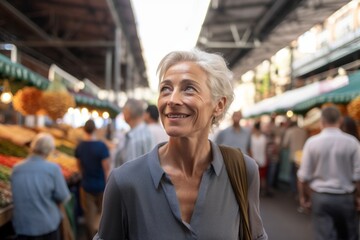 Environmental portrait photography of a satisfied mature woman walking against a bustling marketplace background. With generative AI technology