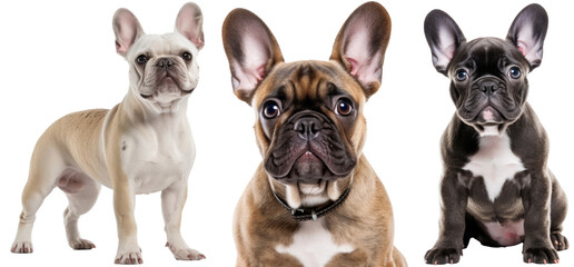 Collection of three dogs, bulldog set (portrait, sitting and standing) isolated on white background as transparent PNG, generative AI animal bundle
