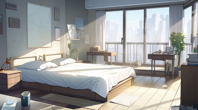 Japanese Anime Style Clean Relaxing Bedroom Background. With Licensed Generative AI Technology Assistance.