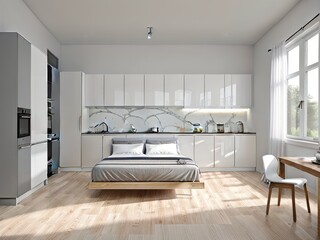 Naklejka na ściany i meble The interior of a bright bedroom. Generative by AI