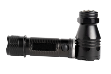 Black LED flashlight isolated on white background, macro shot