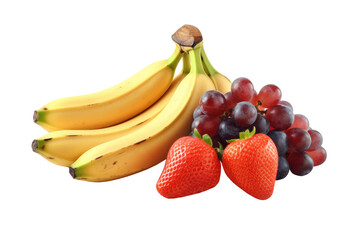 Bananas, grapes and strawberries isolated on transparent background, Generative Ai