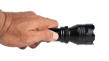 Black LED flashlight in male hand isolated on white background