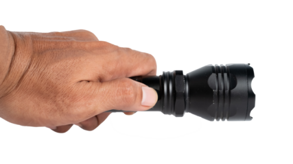 Black LED flashlight in male hand isolated on white background