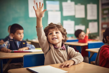 Small boy kid in school classroom raising hand up to answer teacher. Generative AI