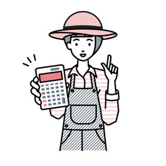 立って電卓を持ってこちらに向けて見せている農家の女性