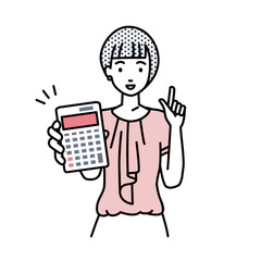 立って電卓を持ってこちらに向けて見せているオフィスカジュアルの女性