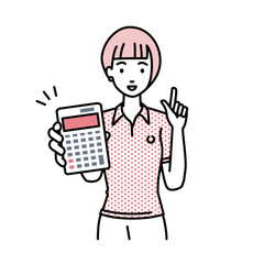 立って電卓を持ってこちらに向けて見せているポロシャツの女性