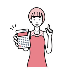 Fototapeta premium 立って電卓を持ってこちらに向けて見せているドレスの女性