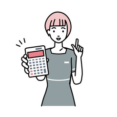 立って電卓を持ってこちらに向けて見せているエステ店員・受付・接客係の女性