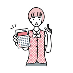立って電卓を持ってこちらに向けて見せている事務員制服の女性