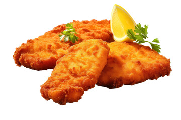 Delicious breaded Wiener Schnitzel with lemon and parsley, isolated (Generative AI, Generativ, KI)