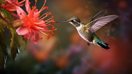 Fototapeta premium Hummingbird with a long beak, Heliodoxa jacula, bird hovering near a flower, mountain rainforest, nectar