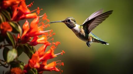 Hummingbird with a long beak, Heliodoxa jacula, bird hovering near a flower, mountain rainforest, nectar