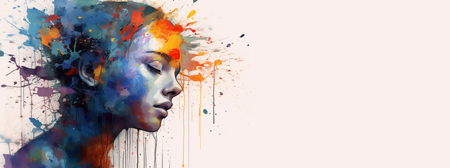 Mental health and creative abstract concept. Colorful illustration of happy womale head  in paint splatter style. Mindfulness and self care idea.  Banner. Copy space. Generative AI.