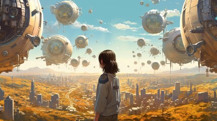 close up humanoid cyborg girl portrait with sci-fi fantasy cityscape as background, Generative Ai