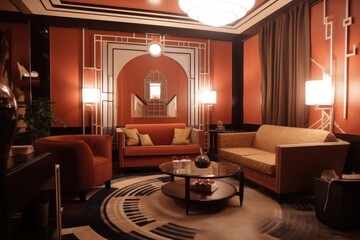 Living room in Art Deco. This design style is characterized by rich colors, bold geometry, and decadent detail work. Architecture and Real estate, AI generative