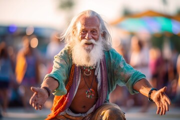 Obraz premium Environmental portrait photography of a grinning old man practicing yoga against a vibrant festival background. With generative AI technology