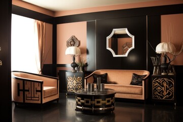 Living room in Art Deco. This design style is characterized by rich colors, bold geometry, and decadent detail work. Architecture and Real estate, AI generative