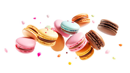 Colorful macaroons flying isolated on transparent background. French dessert. PNG format - obrazy, fototapety, plakaty