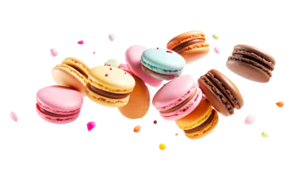 Keuken spatwand met foto Colorful macaroons flying isolated on transparent background. French dessert. PNG format © seralex