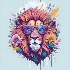 Funny lion head wearing sunlasses with colorful flowers over blue background, digital artwork 