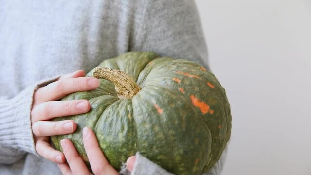 Autumnal moments mood. Unrecognizable woman holding autumn fall pumpkin in hands isolated on white background. Change of seasons ripe organic food concept, Halloween party Thanksgiving day