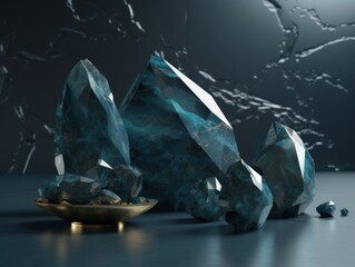 Obraz premium Dark cyan and gold, crystal and marble, geometrical primitives pattern, abstract background created with Generative AI technology.