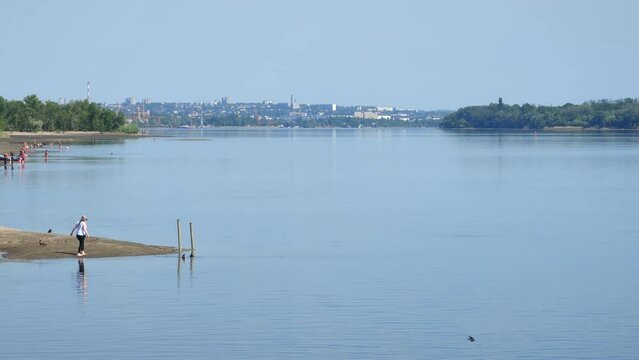 Zaporozhye Ukraine 07 june 2023. View on the Left and Right river side of Dniper in Zaporozhye. Water Level In Dnieper Within Zaporozhye  Dropped By More Than 1.5 m for one day