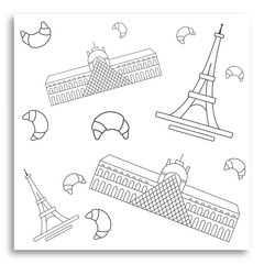Vector drawing of Eiffel Tower, Louvre and croissant. Decor poster. Iconic place in Paris, France. Tourism and travel greeting postcard concept. Modern design. Vector illustration. Pattern.