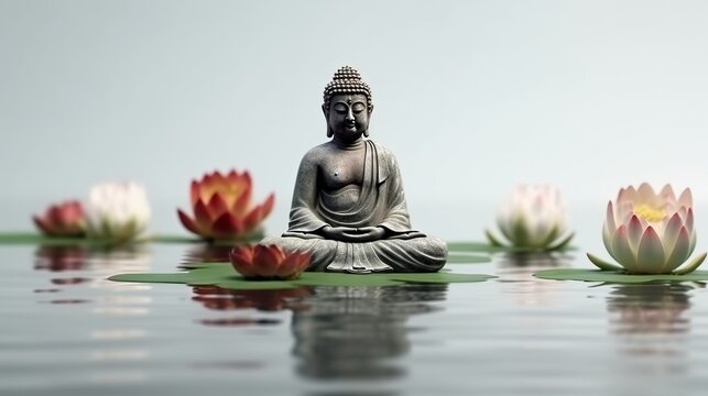 Buddha statue in the water with lotuses. Generative ai