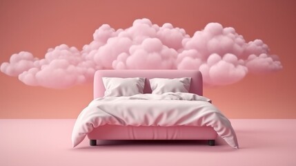 Illustration of a pink bed with a cloud floating above it. Generative ai - obrazy, fototapety, plakaty