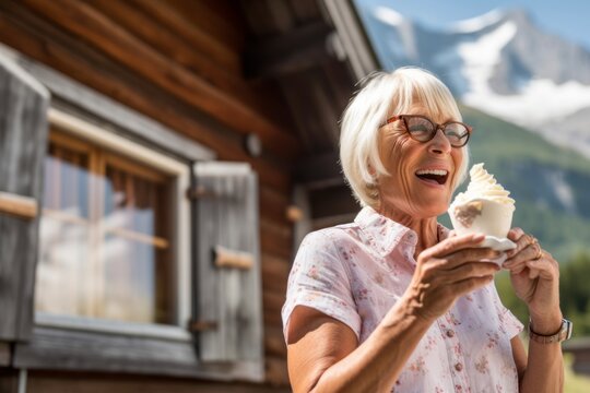 Environmental portrait photography of a glad mature woman eating ice cream against a mountain cabin background. With generative AI technology