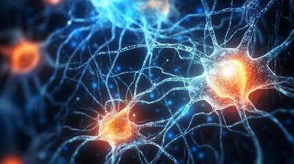 Abstract glowing nerve cells communicate through synaptic connections. Generative ai