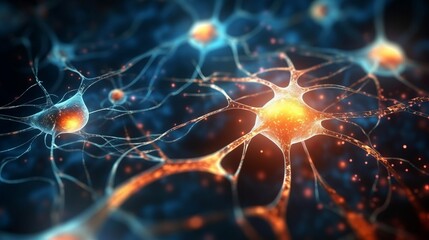 Abstract glowing nerve cells communicate through synaptic connections. Generative ai