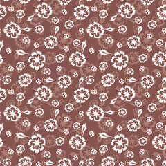 Fototapeta na wymiar Flat snow doodle icons, snow flakes silhouette for Autumn banner, cards. New year snowflake on brown background. Cute abstract seamless snowflakes pattern.