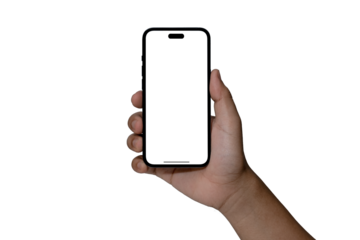 Smartphone similar to iphone 14 with blank white screen for Infographic Global Business Marketing Plan, mockup model similar to iPhone isolated Background of digital investment economy - Clipping Path