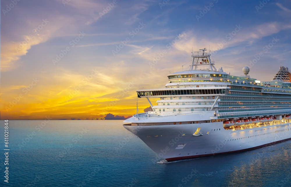 Wall mural luxury cruise ship sailing to port on sunrise