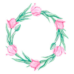 Obraz na płótnie Canvas Round floral frame with pink watercolor tulips and green leaves and stems. Hand-drawn spring wreath.