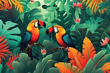 Illustration Seamless pattern with Birds and tropical plants