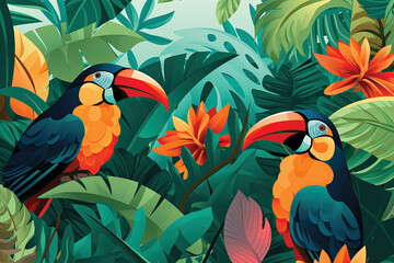 Illustration Seamless pattern with Birds and tropical plants