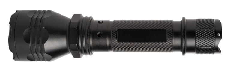 Black LED flashlight isolated on white background, macro shot