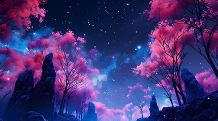 Obraz na płótnie Canvas Blue purple tone pink tree and all over the sky stars illustrator