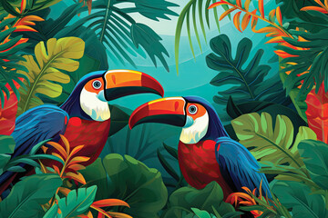 Fototapeta premium Illustration Seamless pattern with Birds and tropical plants